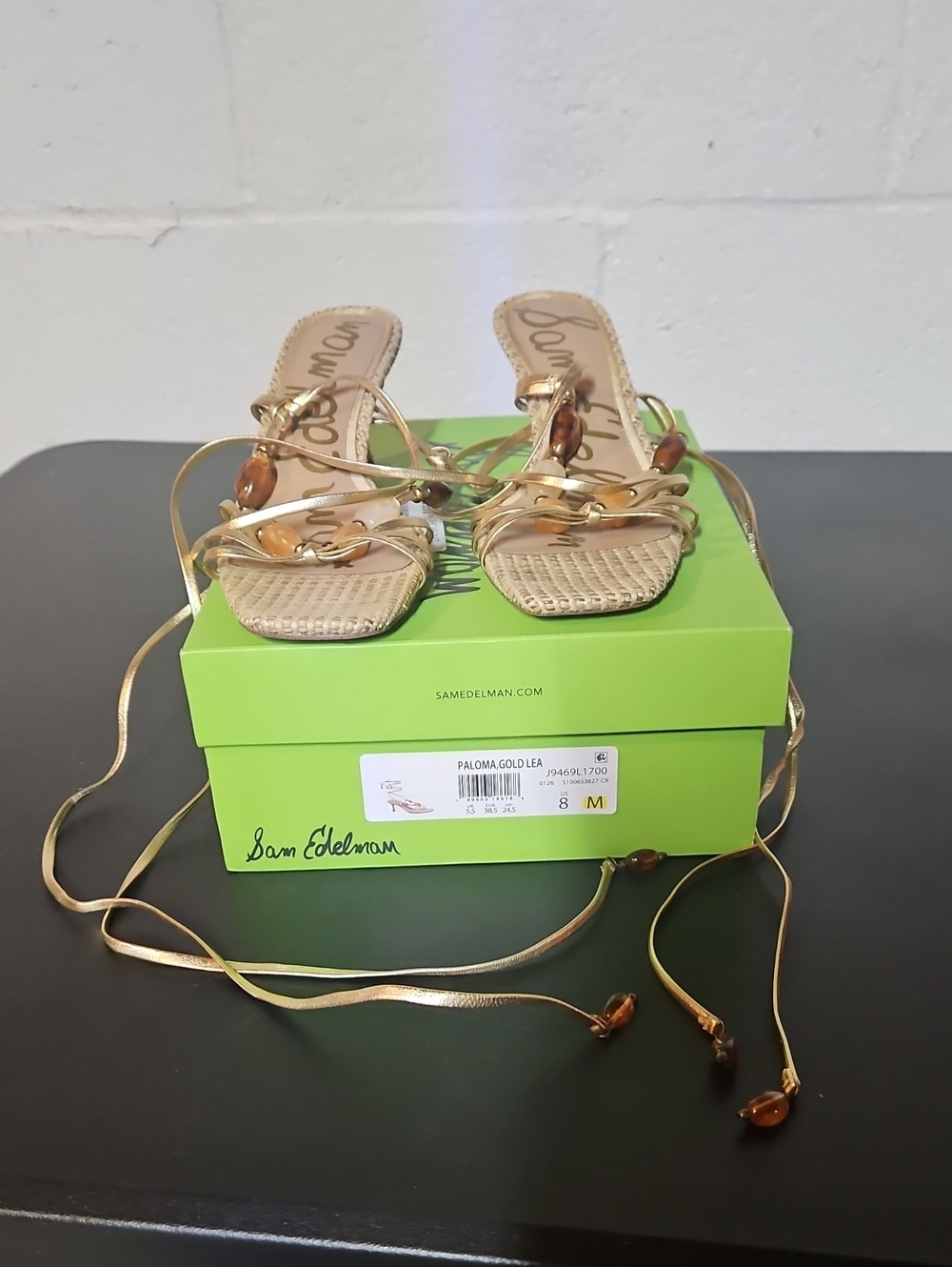 Sam Edelman Metallic Gold Strappy Heeled Sandals with Amber Beads